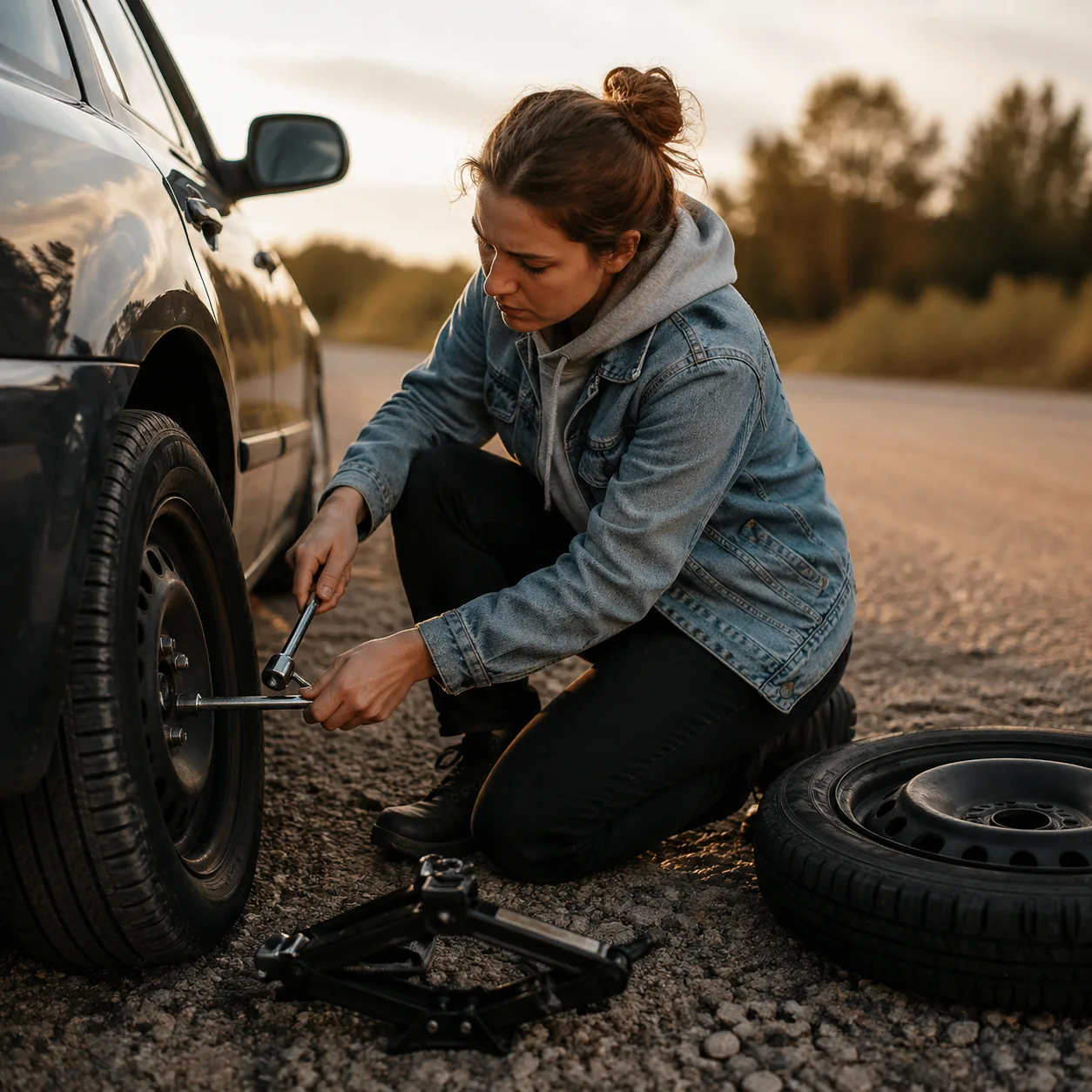Warm editorial photo of a young woman kneeling beside her car with a tire iron, loosening lug nuts, jack and spare tire 