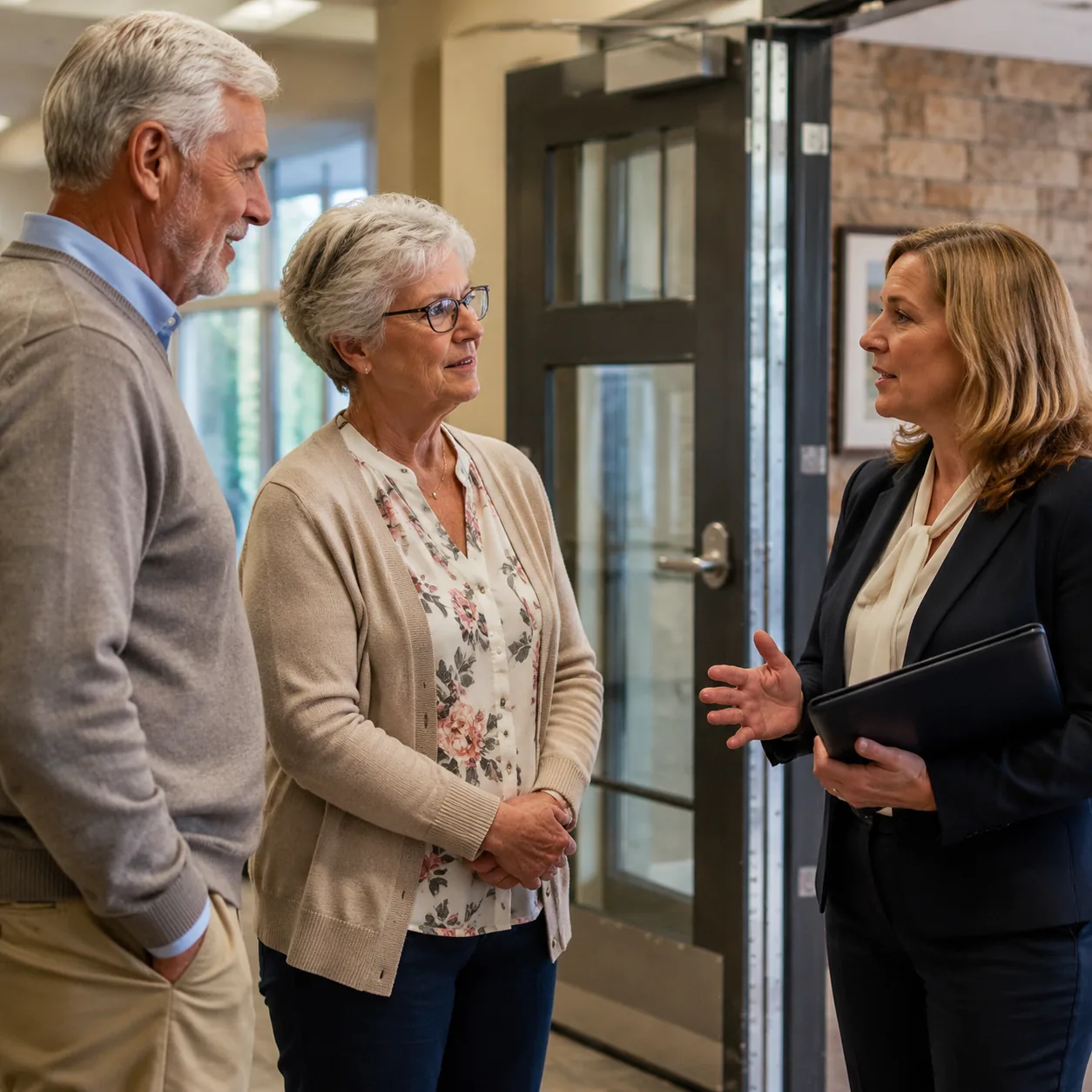 family discussing memory care policy with assisted living director near secure doorway, realistic editorial lifestyle ph