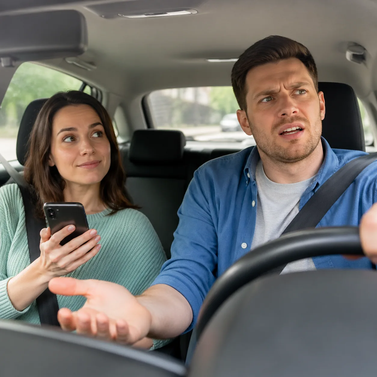 Funny realistic lifestyle photo of a husband driving with a confused expression while his wife holds a phone with direct