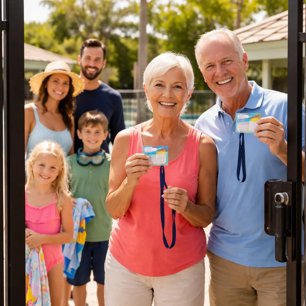grandparents with visiting family at 55 plus community pool gate holding guest passes, realistic editorial lifestyle pho