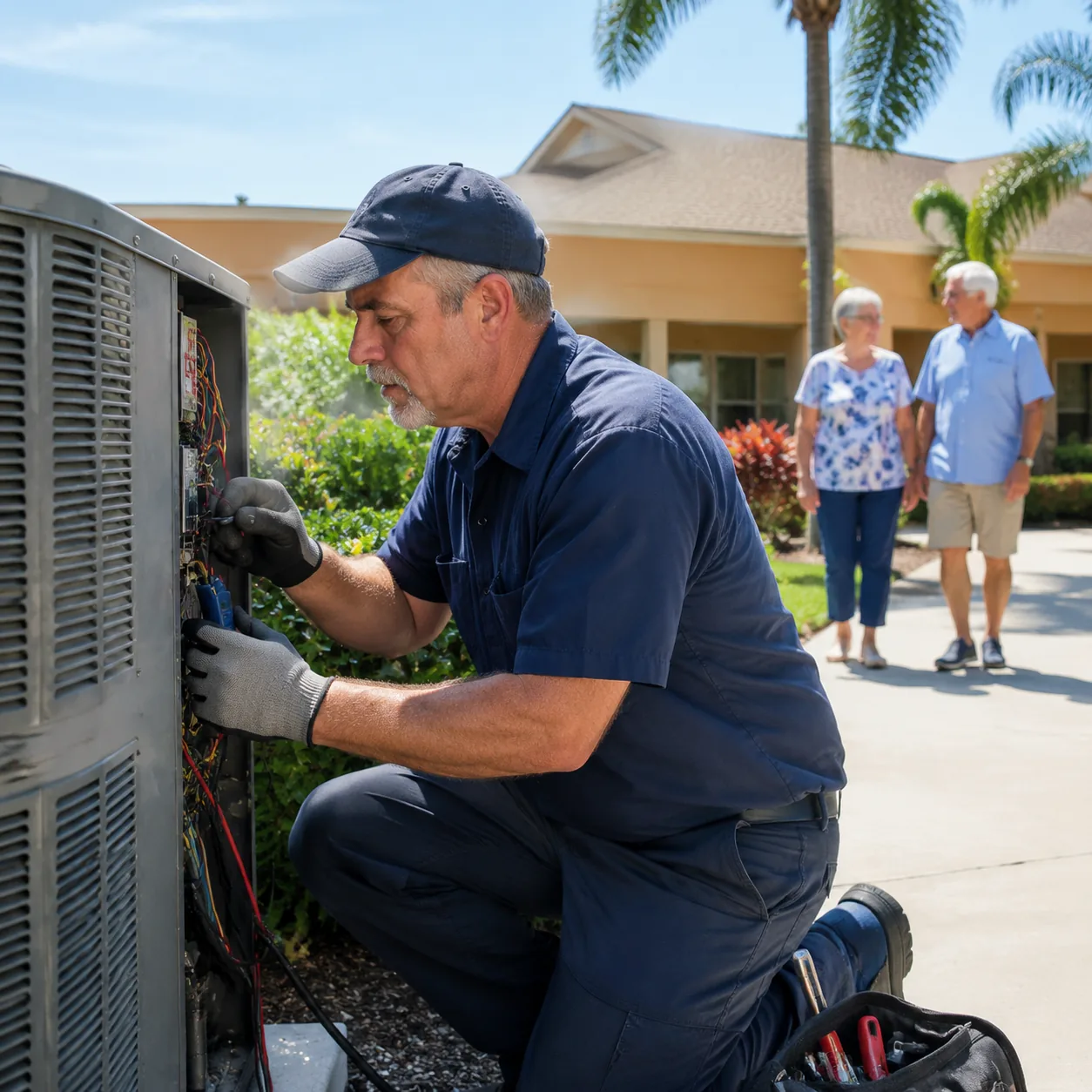 HVAC technician servicing outdoor air conditioning unit at Florida retirement home, realistic editorial lifestyle photog