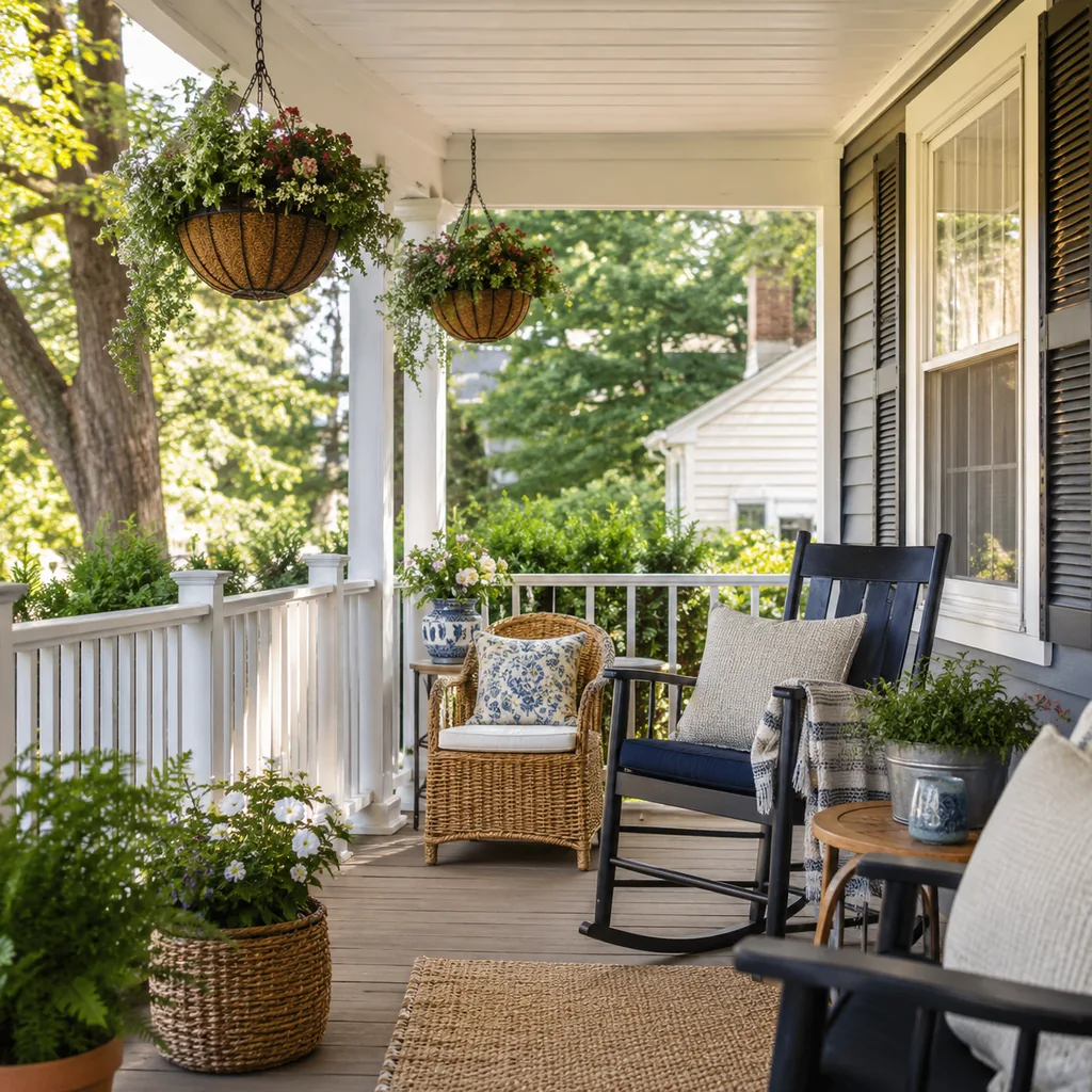 Realistic editorial photo of a cozy American porch with outdoor chairs, cushions, plants, railings, and layered decor showing hanging baskets placed above head 