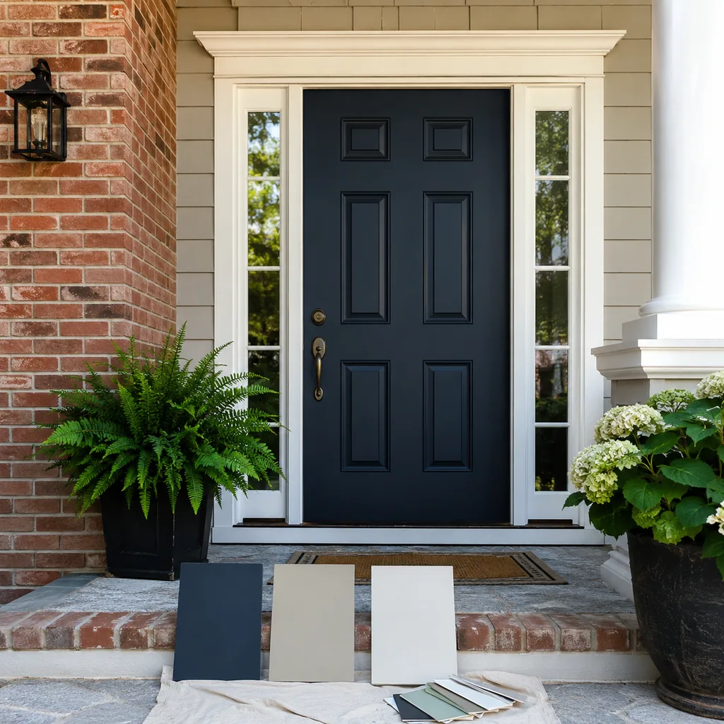 Realistic editorial photo of a front entry with door paint samples, brick, siding, plants, and trim showing paint chosen before fabric and flooring
