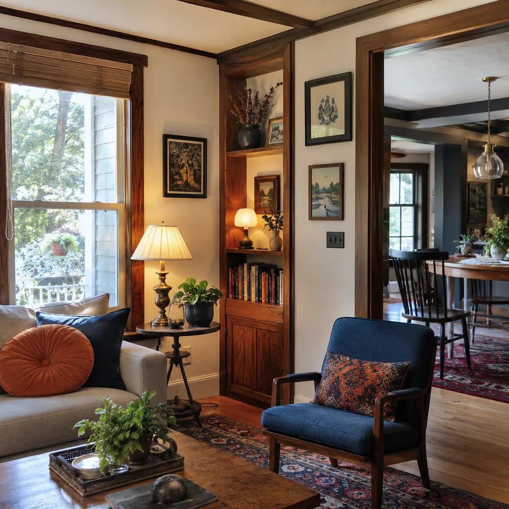 Realistic editorial photo of a home interior with vintage decor, modern furniture, warm wood, patterned accents, and layered lighting showing small lamps in une