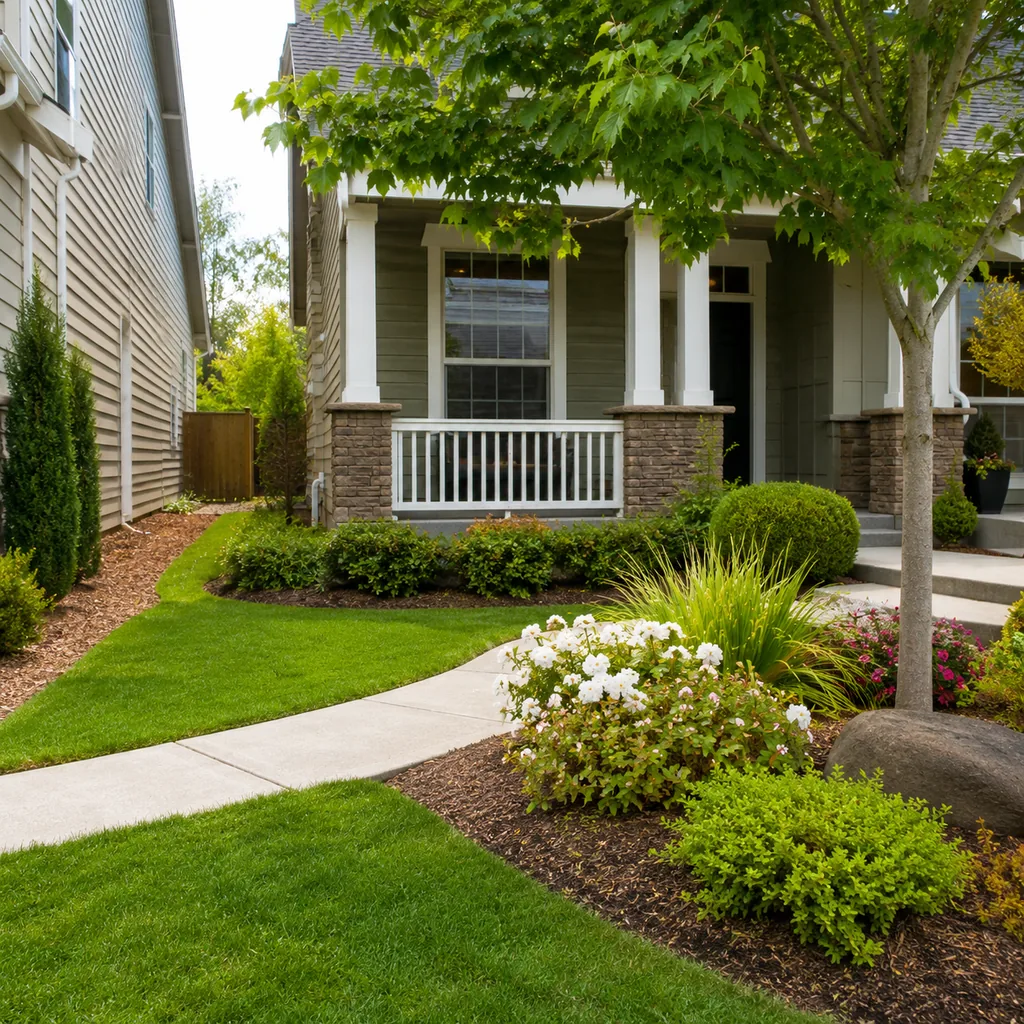 Realistic editorial photo of a landscaped American front yard with lawn, shrubs, mulch beds, trees, walkway, and house exterior showing narrow side yard ignored