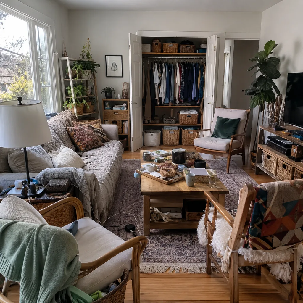 Realistic editorial photo of a living room with crowded surfaces, extra chairs, baskets, blankets, cords, and storage furniture showing closet floor treated as 