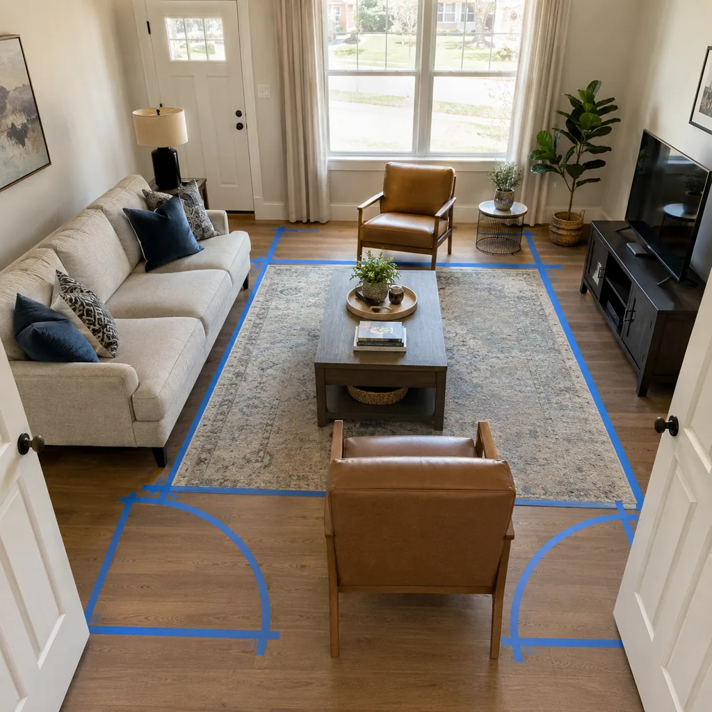 Realistic editorial photo of a living room with sofa, chairs, rug, TV, windows, and taped layout marks showing layout that leaves door swings clear