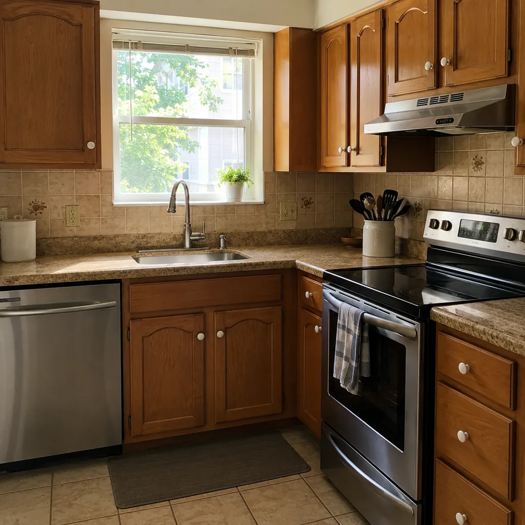 Realistic editorial photo of a realistic American kitchen with sink, cabinets, appliances, counters, and inspection details showing backsplash tile that dates t