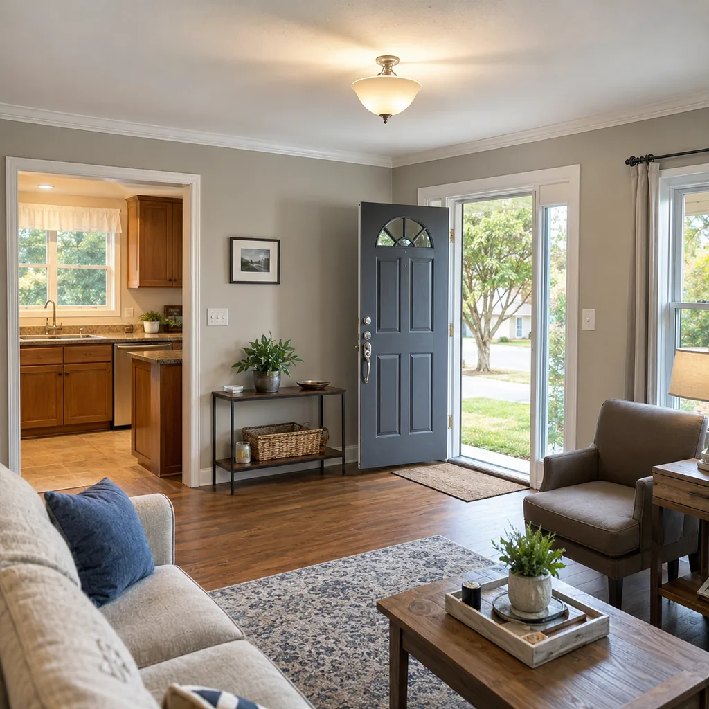 Realistic editorial photo of a staged home interior with living room, entry, lighting, furniture placement, and listing-photo details showing missing gfci prote