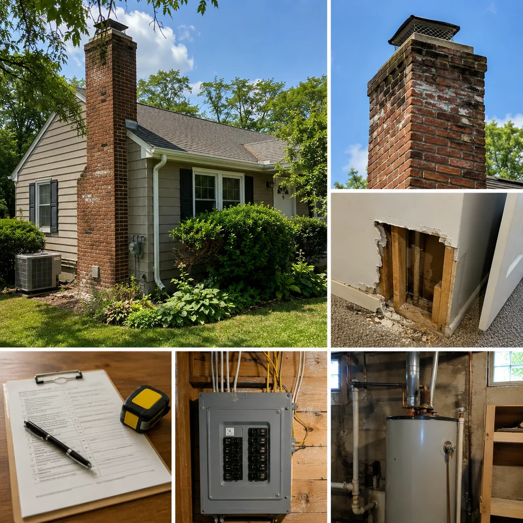 Realistic editorial photo of a suburban American home with appraisal paperwork, exterior details, utilities, and interior repair clues showing chimney with stai