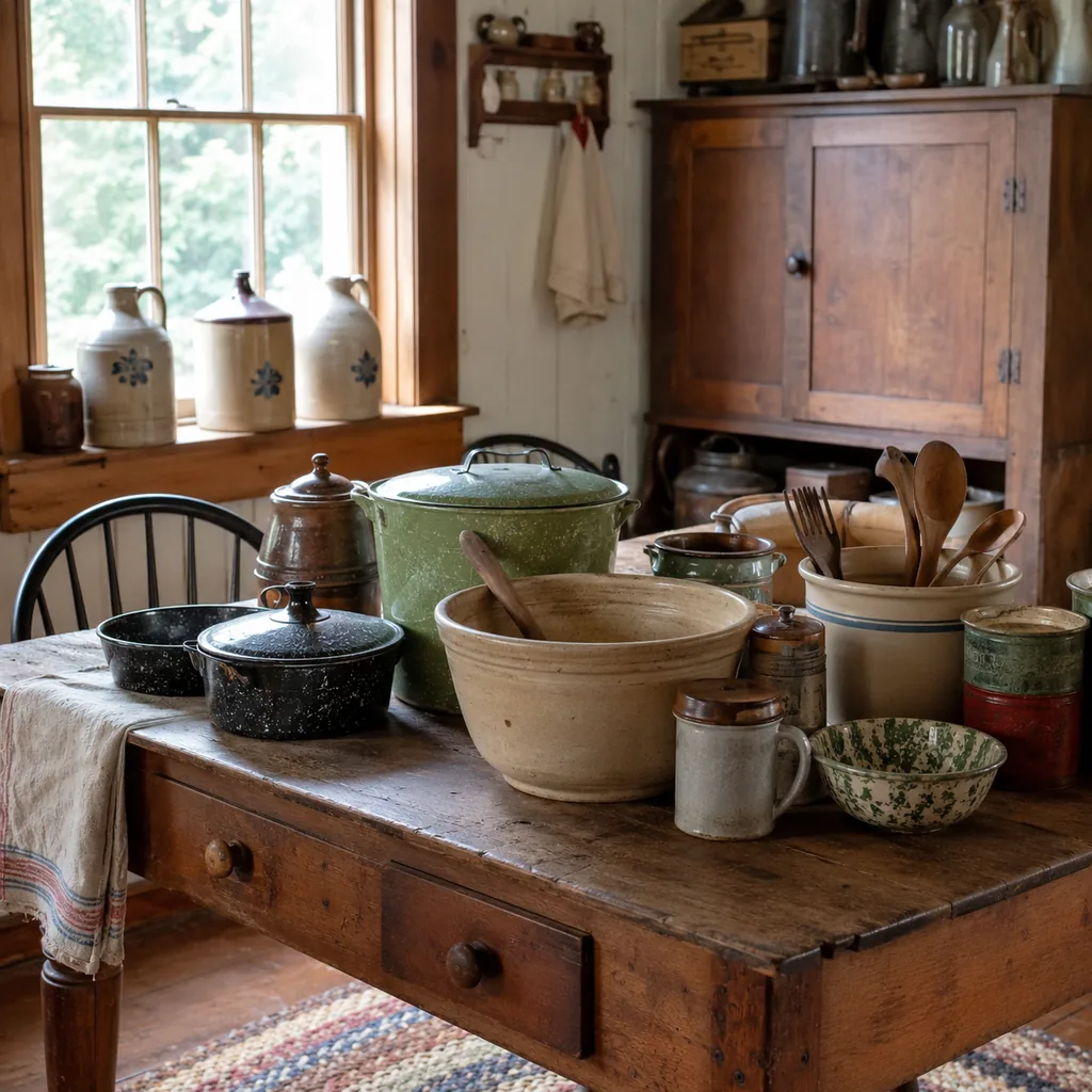 Realistic editorial photo of a vintage kitchen table with bowls, enamel cookware, utensils, tins, and warm window light showing stoneware crocks and jugs