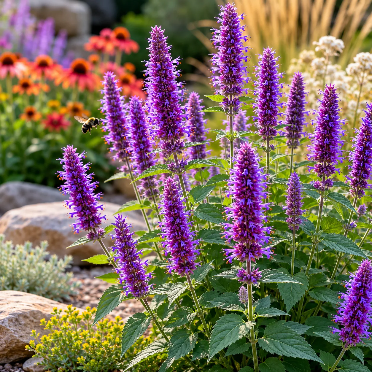 Realistic editorial photo of Agastache growing in sunny drought tolerant flower bed in summer heat, realistic editorial 