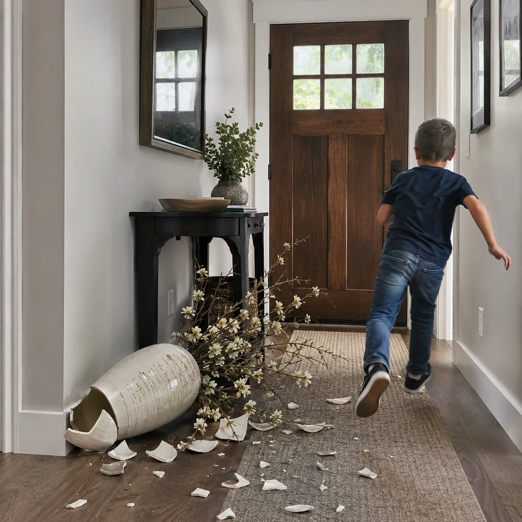 Realistic editorial photo of an American entryway showing using fragile decor in traffic path