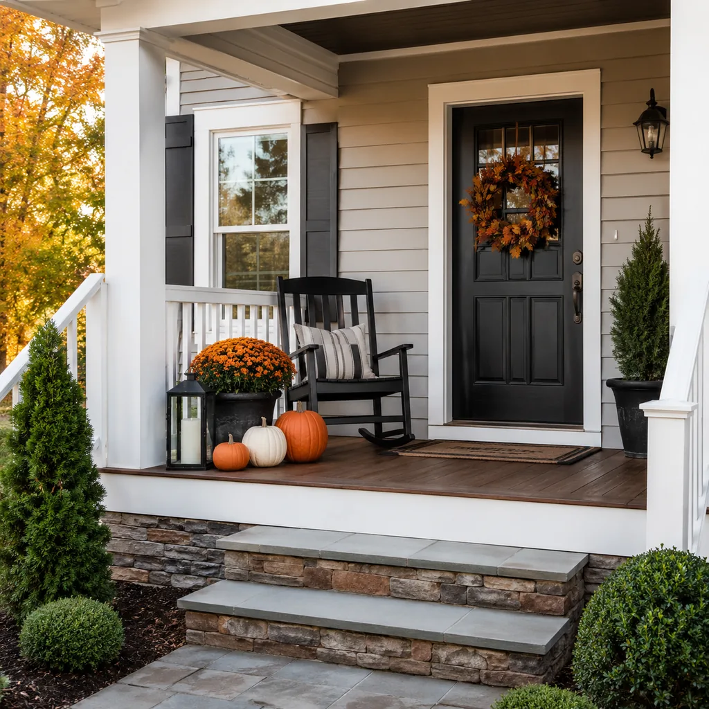 Realistic editorial photo of an American front porch with siding, steps, planters, seating, and a visible front door showing seasonal decor kept to one focal po