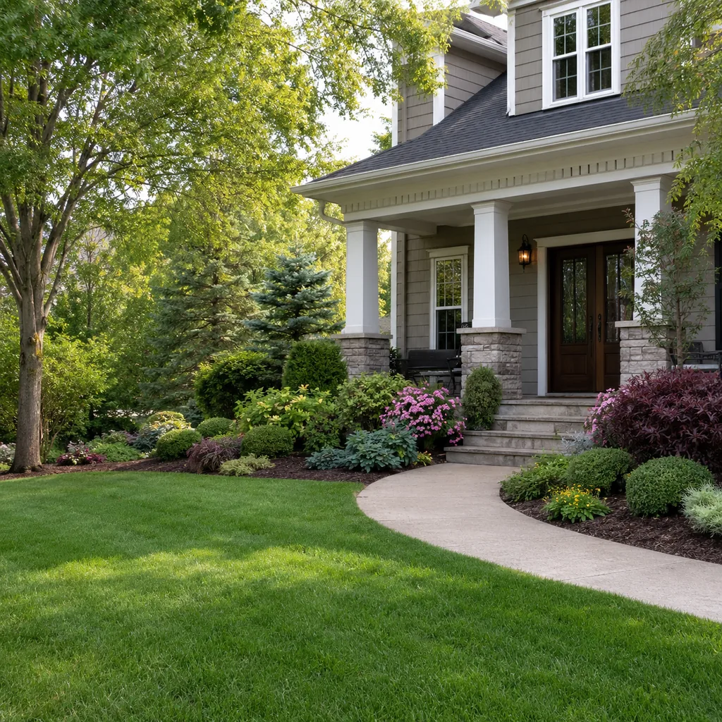 Realistic editorial photo of an American front yard with lawn, shrubs, walkway, mulch beds, trees, and a front porch showing walkway edge left undefined