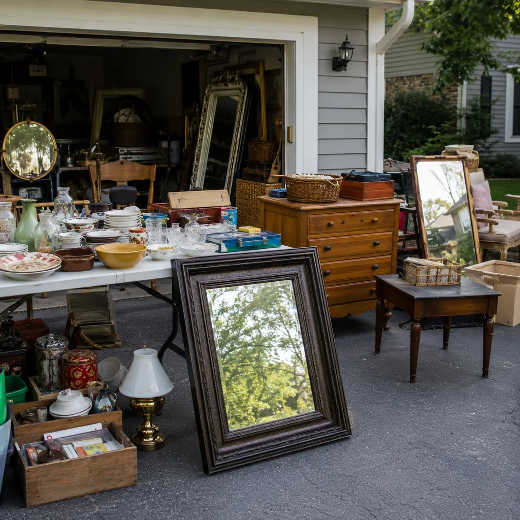 Realistic editorial photo of an American garage sale with folding tables, boxes, old kitchen items, furniture, and collectibles showing mirrors with heavy frame