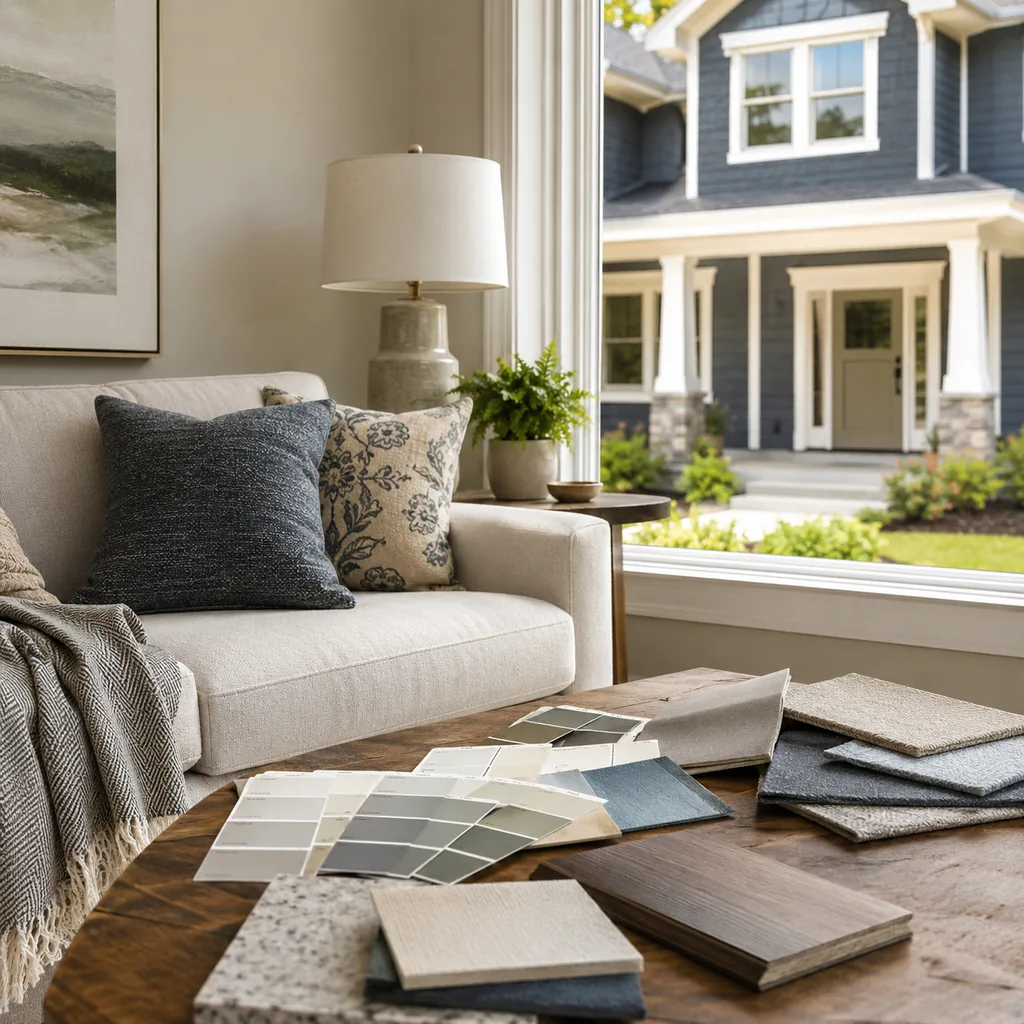 Realistic editorial photo of an American living room with paint swatches, sofa fabric, wall colors, and natural light showing exterior paint ignoring the roof c
