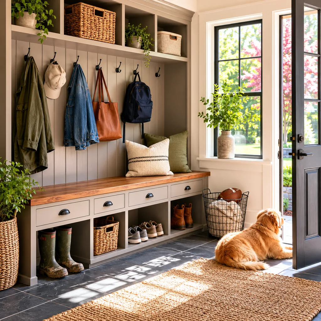 Realistic editorial photo of an American mudroom showing building around perfect habits