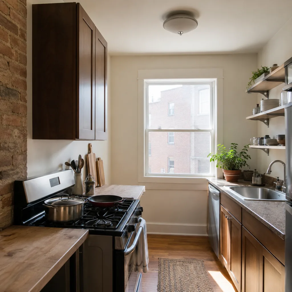 Realistic editorial photo of an American small kitchen showing ignoring ventilation