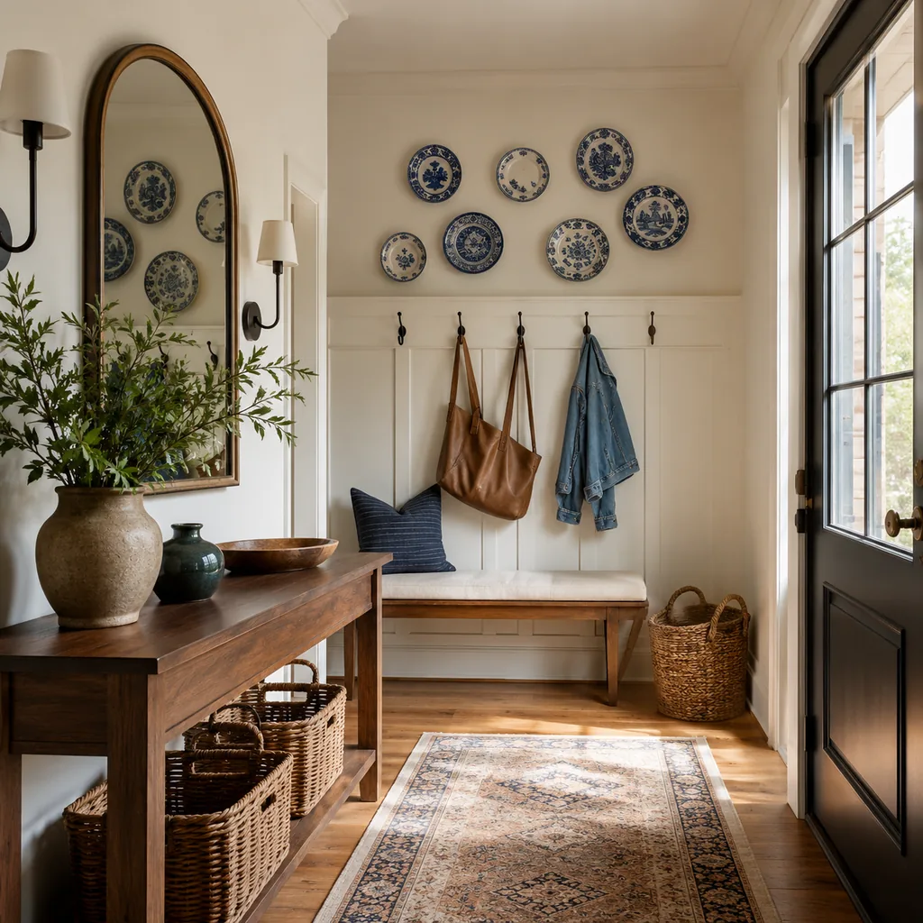 Realistic editorial photo of an entryway with console table, mirror, bench, hooks, rug, lighting, and storage showing plate walls with a cleaner layout