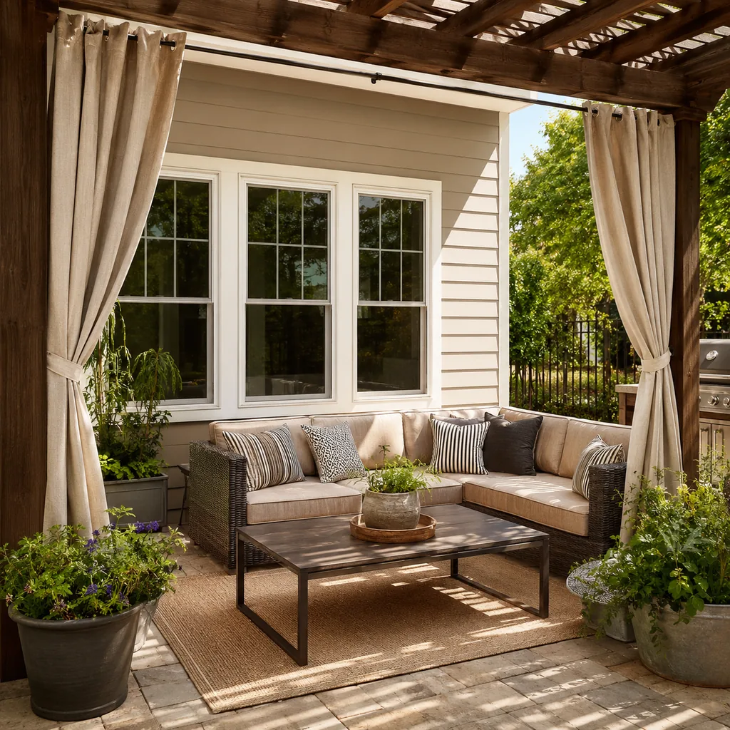 Realistic editorial photo of an outdoor patio with pergola curtains, seating, plants, fabric panels, and sunlight showing no plan for doors beside windows