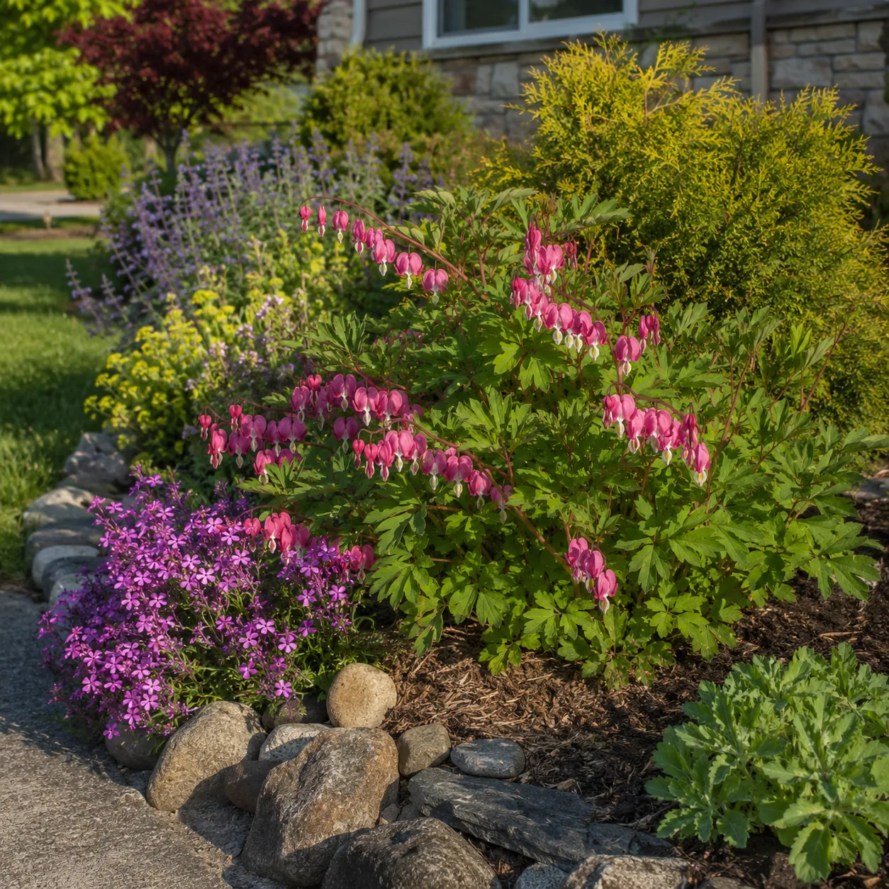 Realistic editorial photo of Bleeding heart growing in front yard border with deer resistant flowering plants, realistic