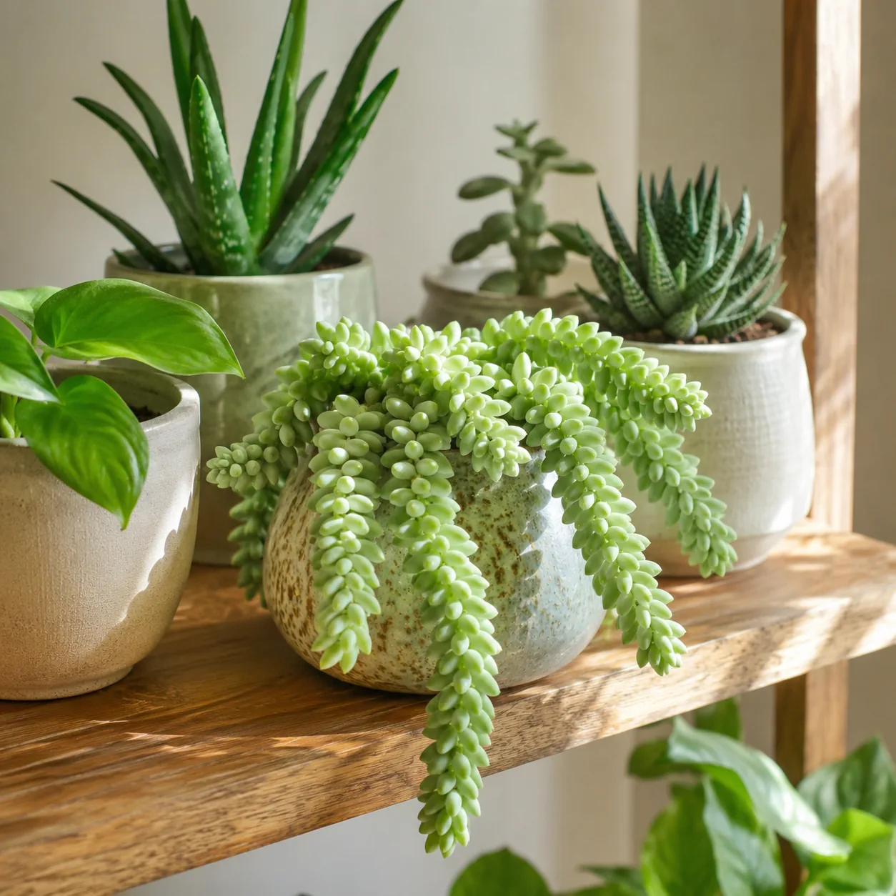 Realistic editorial photo of Burro tail sedum growing in bright indoor shelf with low maintenance houseplants, realistic