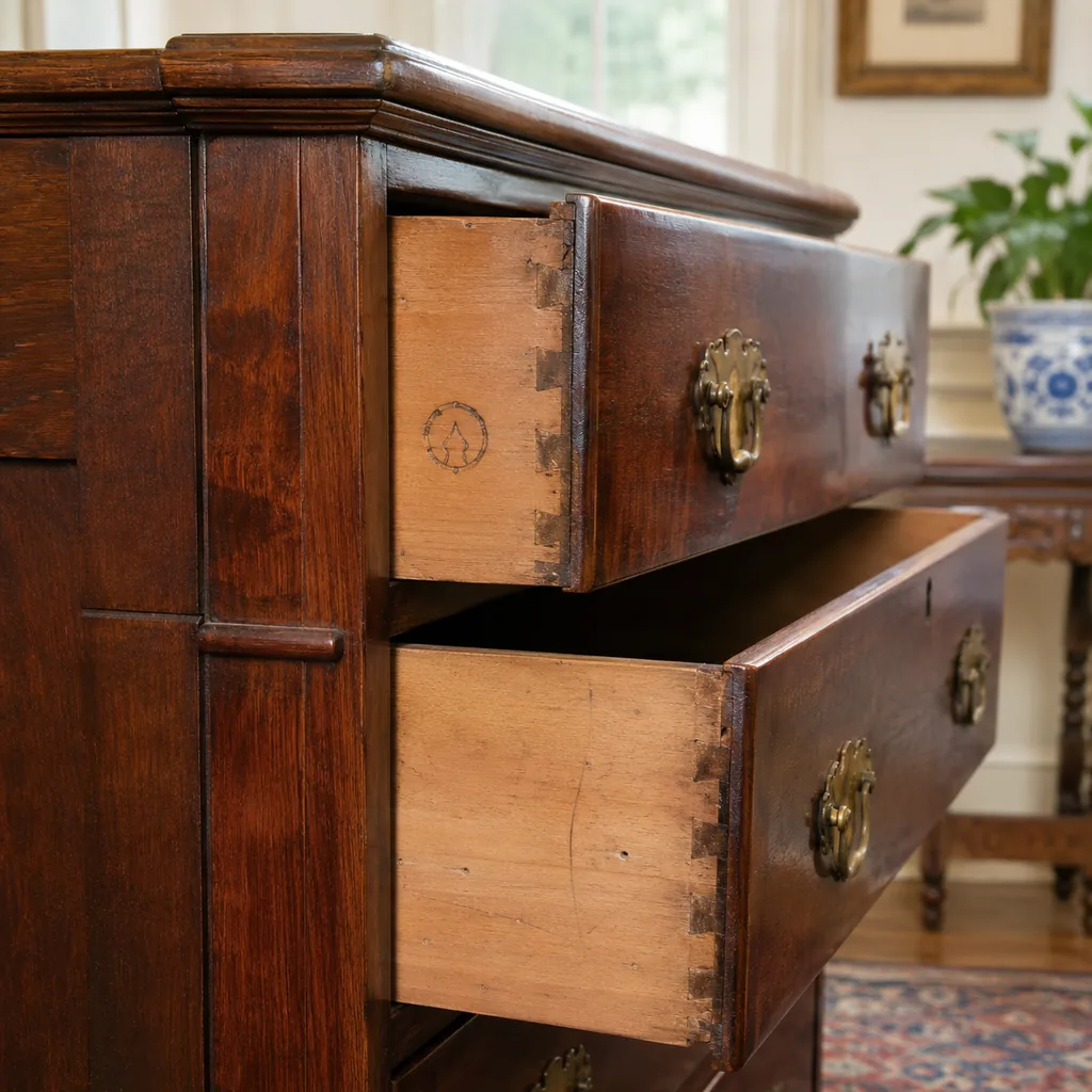 Realistic editorial photo of close-up antique furniture details with drawers, joints, hardware, and old wood grain showing maker's marks under drawers