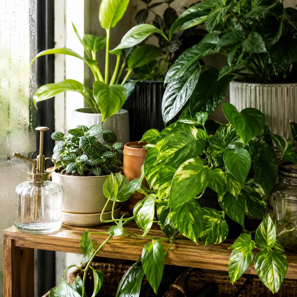 Realistic editorial photo of grouped houseplants including pothos creating gentle humidity on a shelf, warm natural ligh