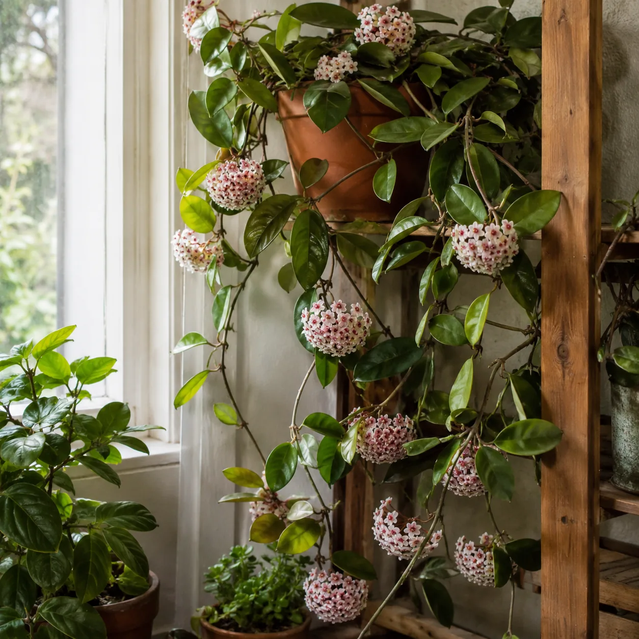 Realistic editorial photo of Hoya pubicalyx growing in low light room corner with houseplants near a window, realistic e