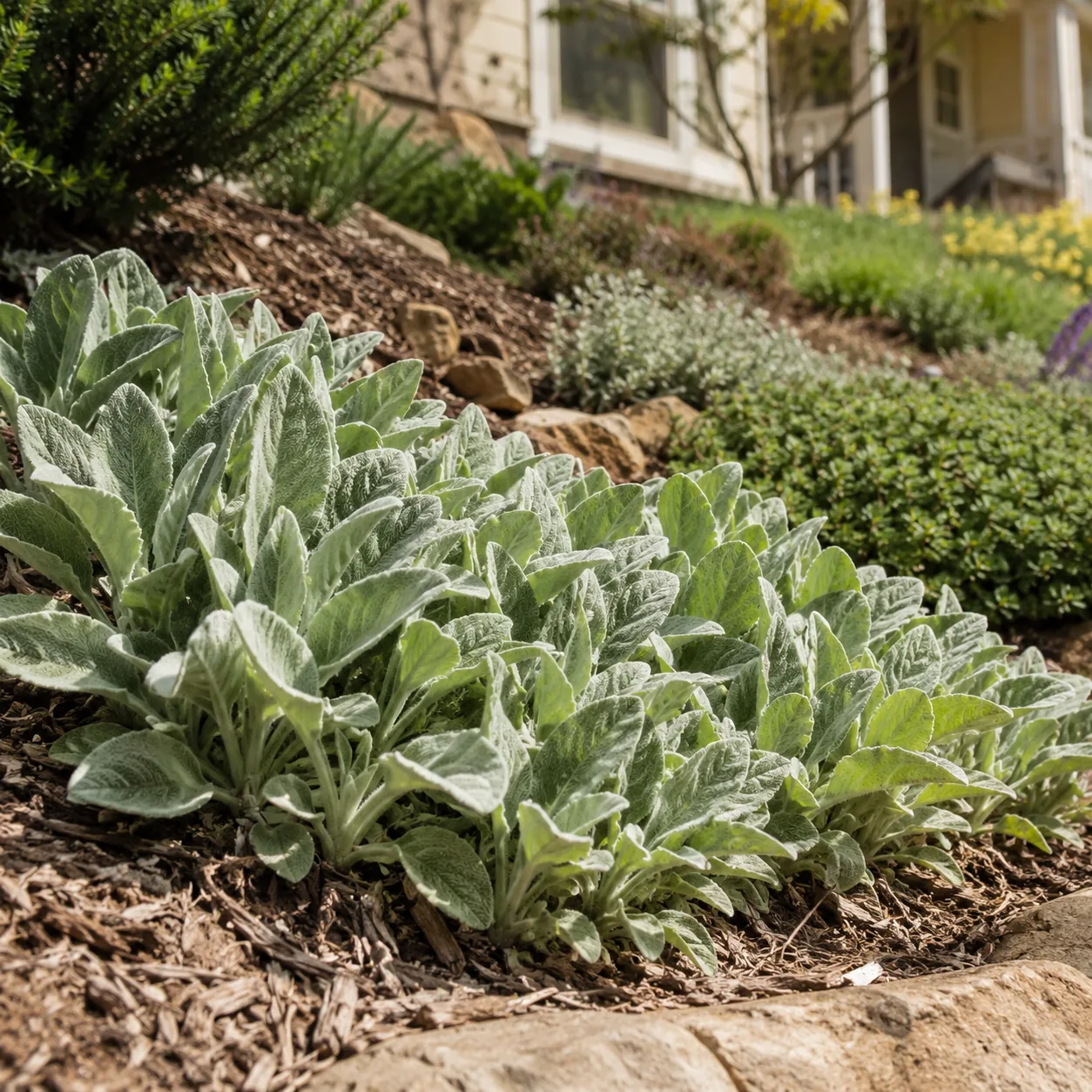 Realistic editorial photo of Lambs ear on sunny slopes growing in sloped front yard planted with controlled ground cover
