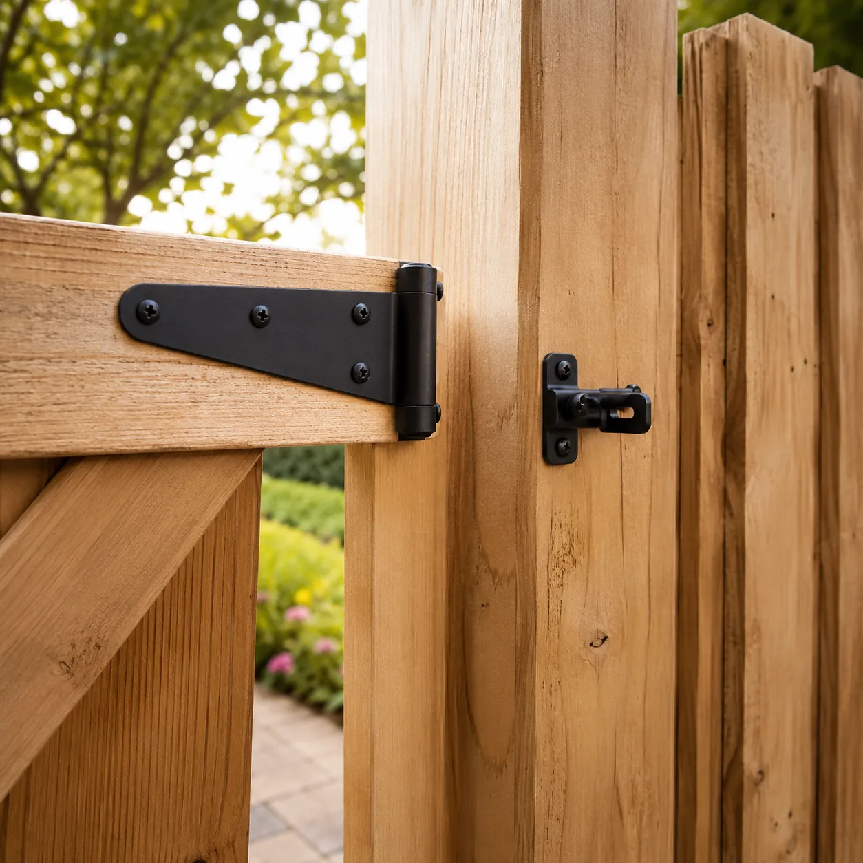Realistic editorial photo of new gate hardware in budget backyard weekend upgrade, realistic editorial photo, natural li