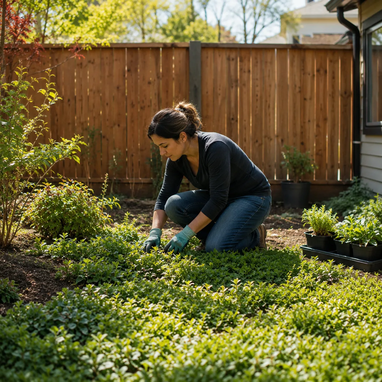 Realistic editorial photo of replace lawn with ground cover in small fenced backyard, realistic editorial photo, natural
