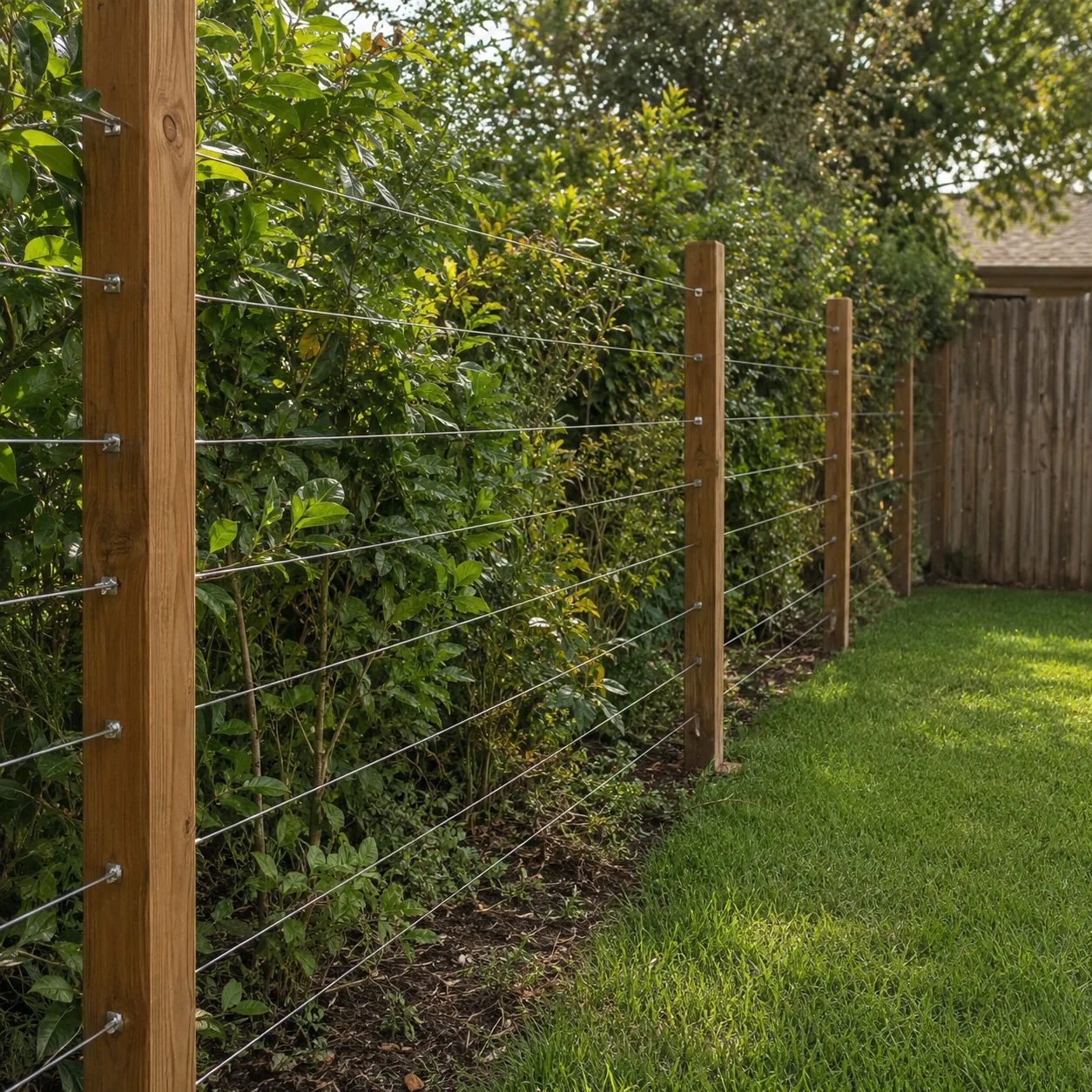 Realistic editorial photo of tension wire on posts in an ordinary backyard needing privacy, realistic editorial photo, n