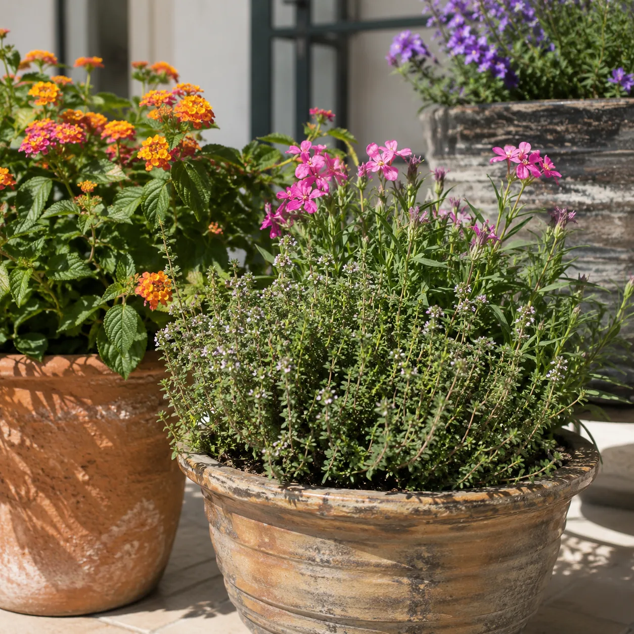 Realistic editorial photo of Thyme growing in sunny patio containers with heat tolerant flowering plants, realistic edit