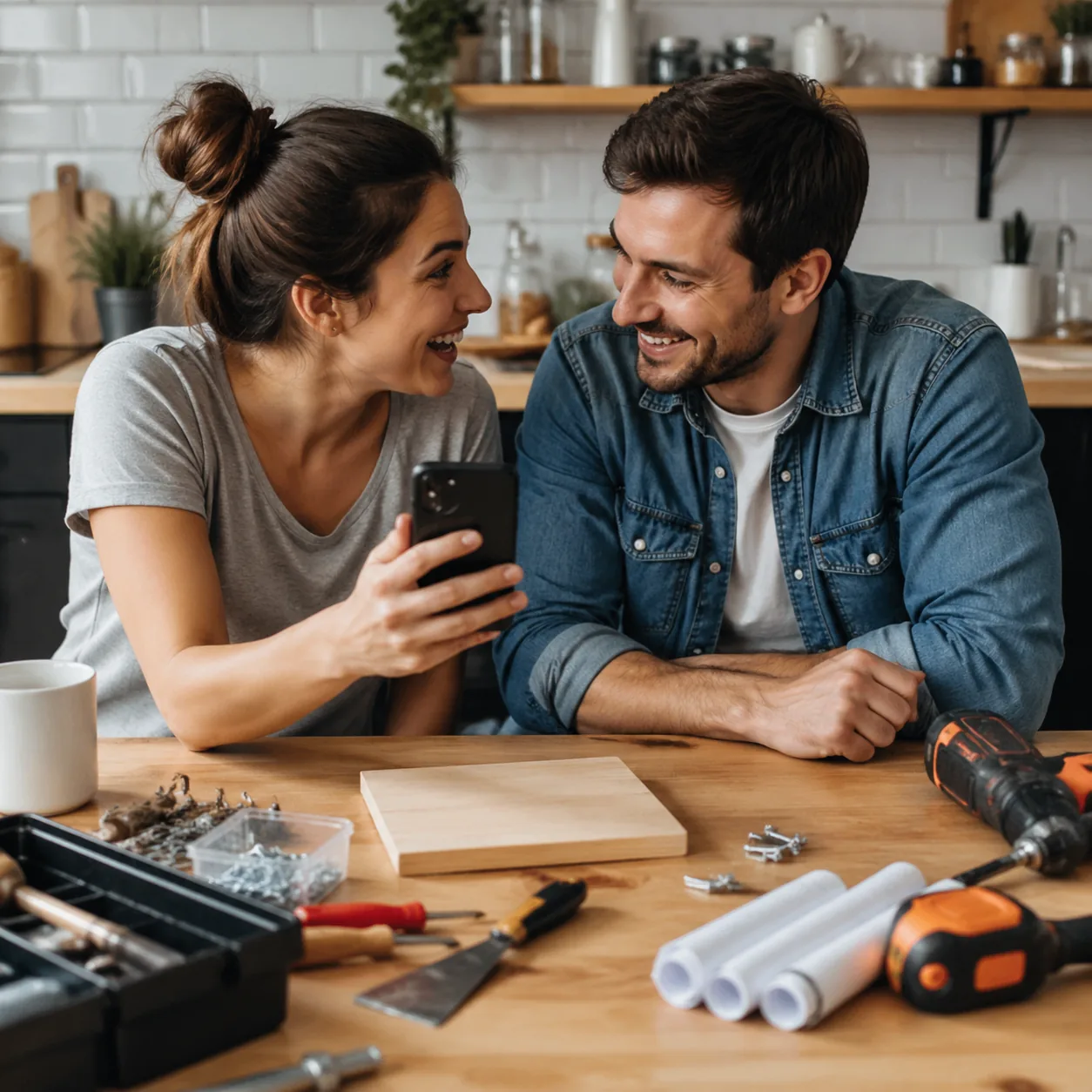 Realistic photo of a wife showing her phone to husband with excitement while DIY supplies sit nearby on a kitchen table,