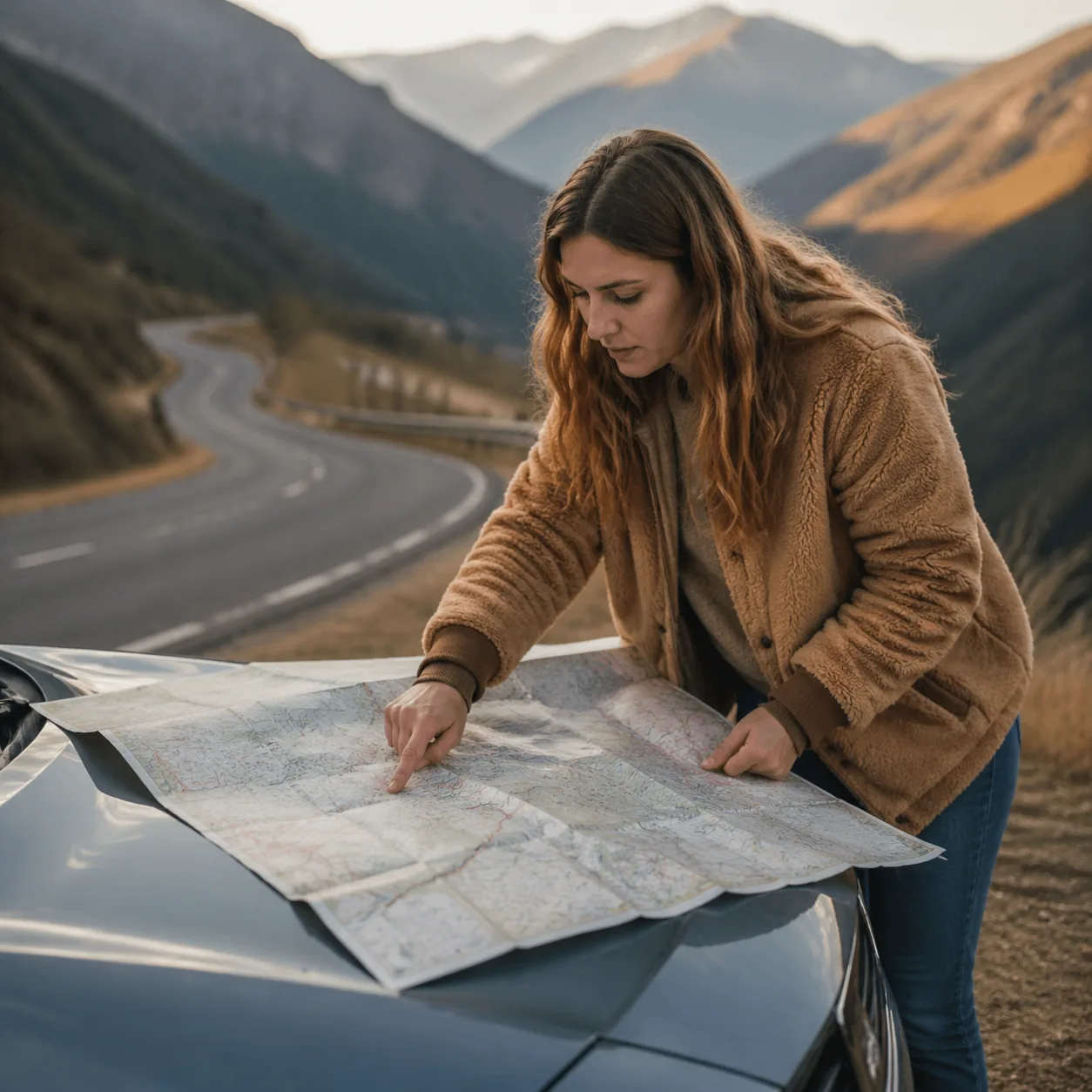 Warm editorial photo of a young woman spreading a folded paper road map across the hood of a car, finger tracing a route