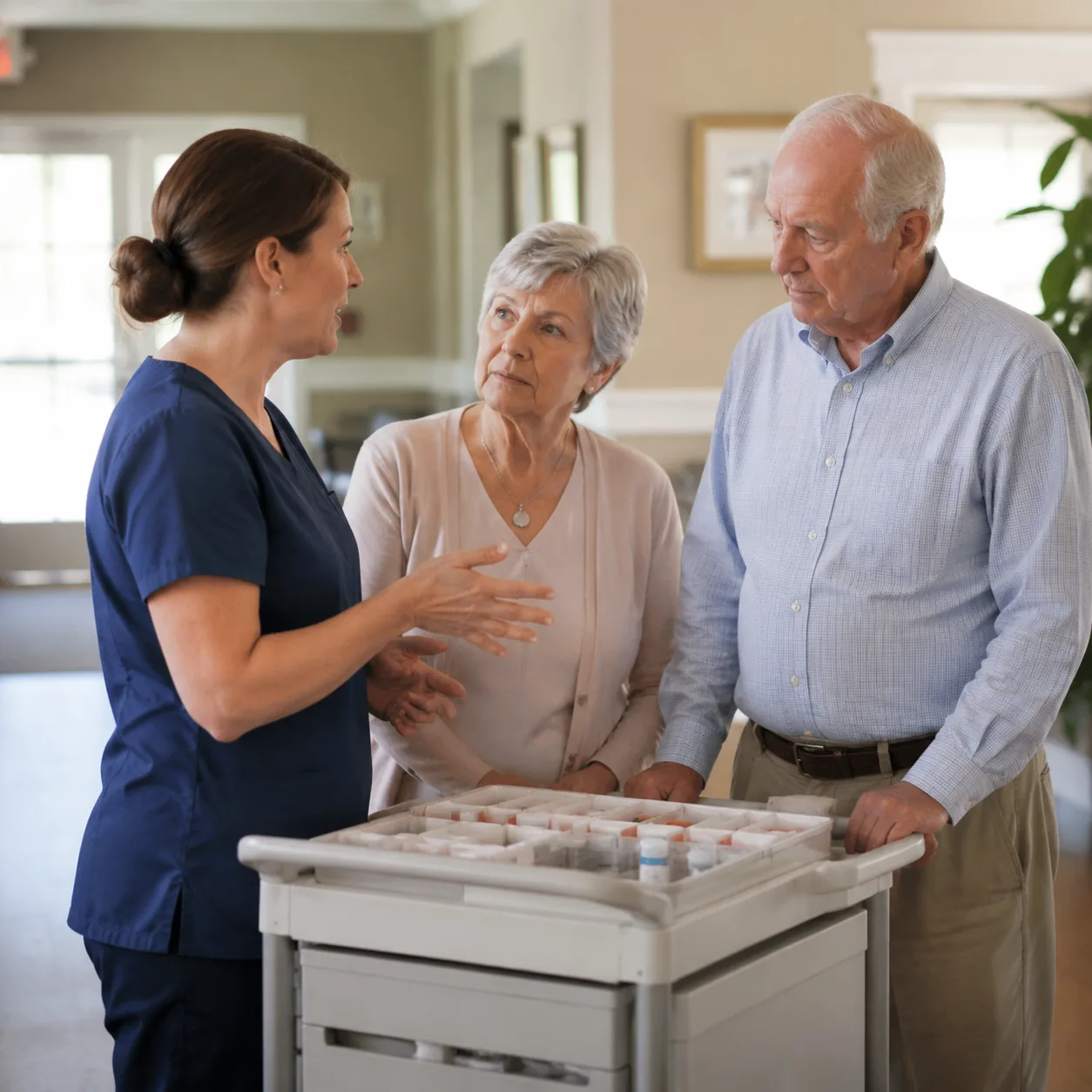 assisted living medication cart with nurse explaining process to family, realistic editorial lifestyle photography for A