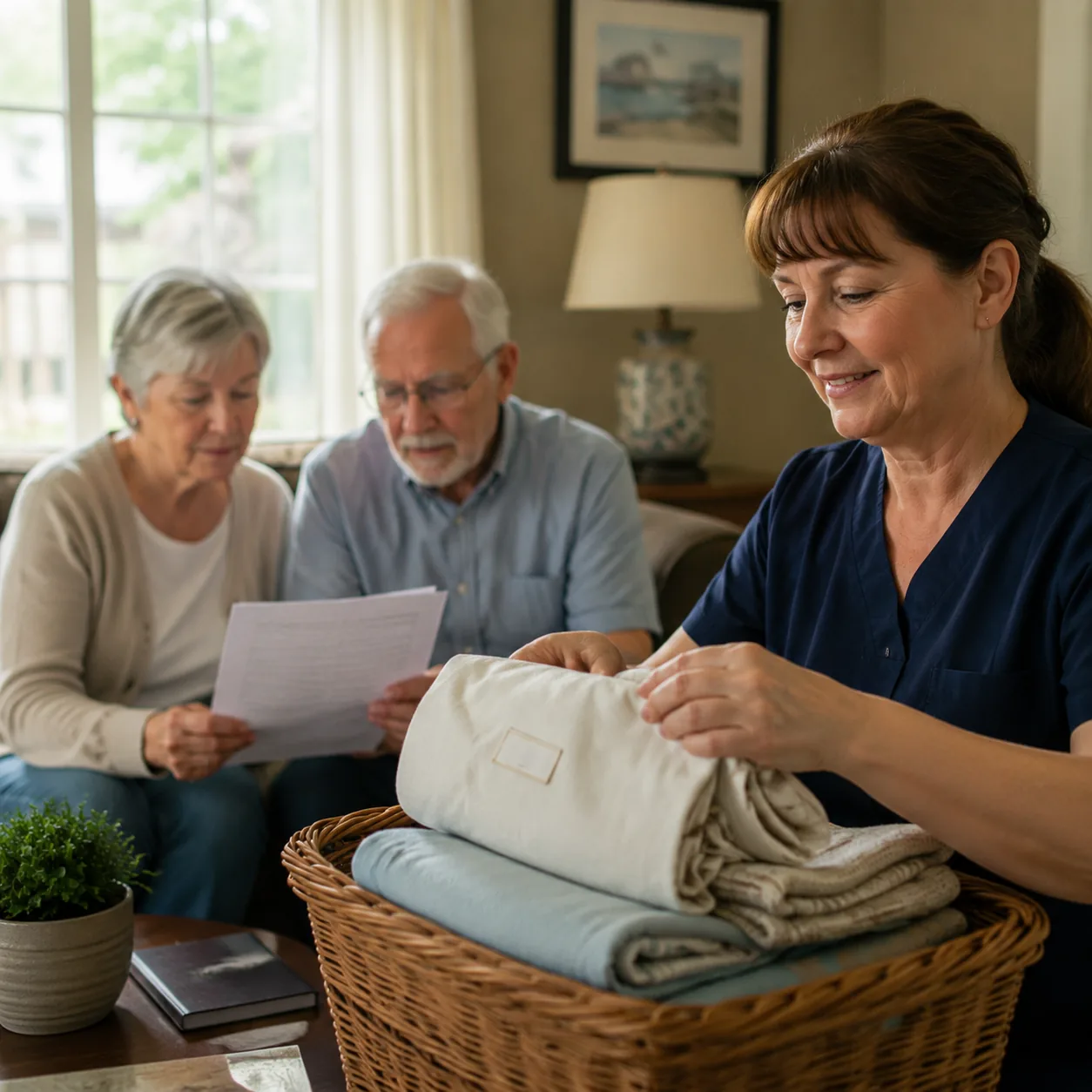 assisted living staff member folding labeled laundry while family reviews service list, realistic editorial lifestyle ph