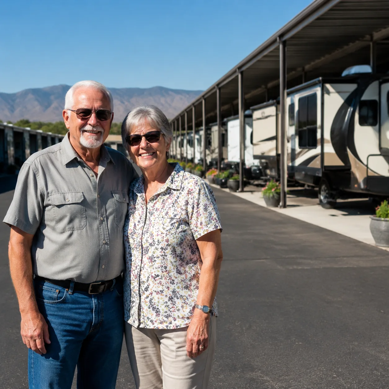 older couple standing beside RV storage lot in retirement community, realistic editorial lifestyle photography for Ameri