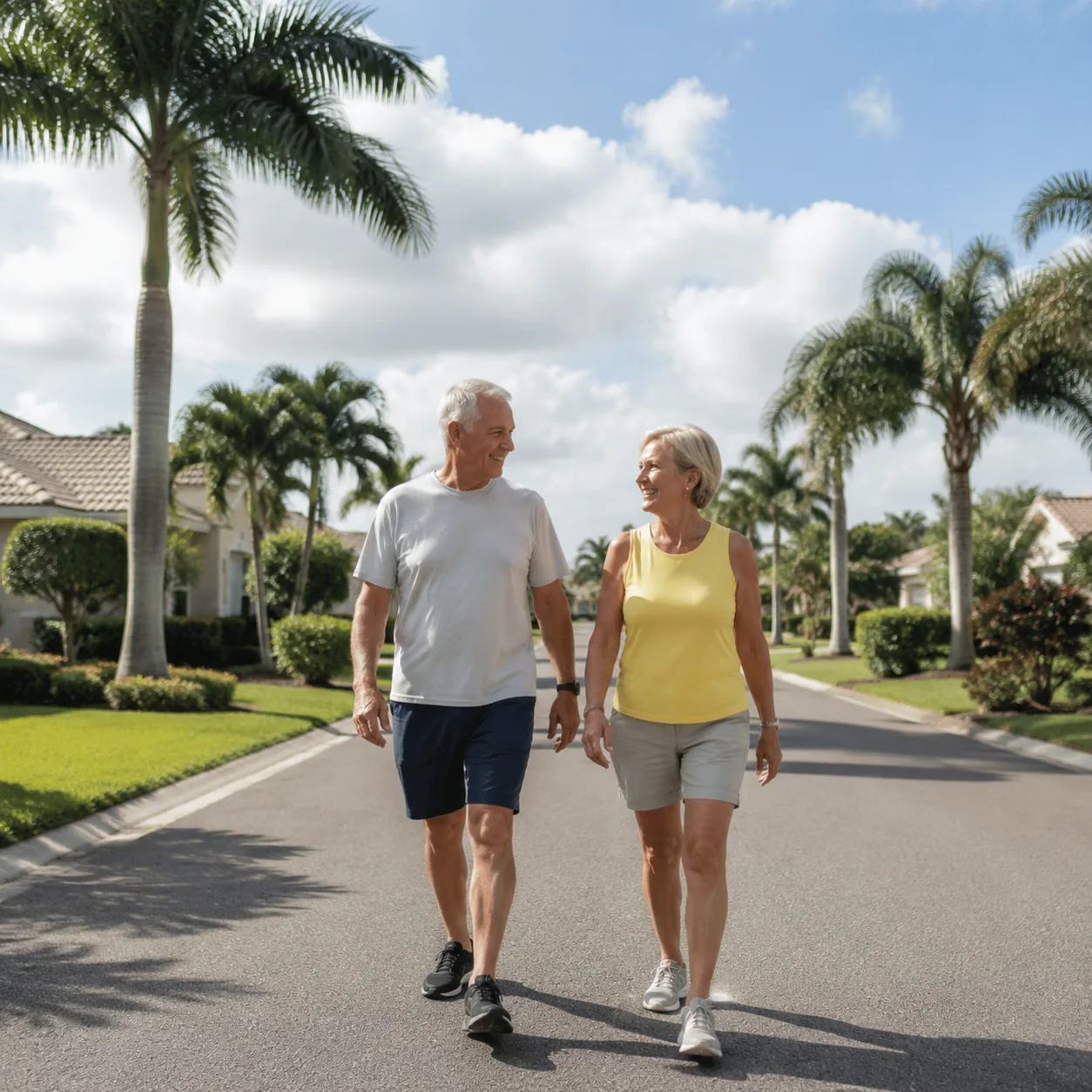 older couple walking early morning in Florida retirement neighborhood under bright humid sky, realistic editorial lifest