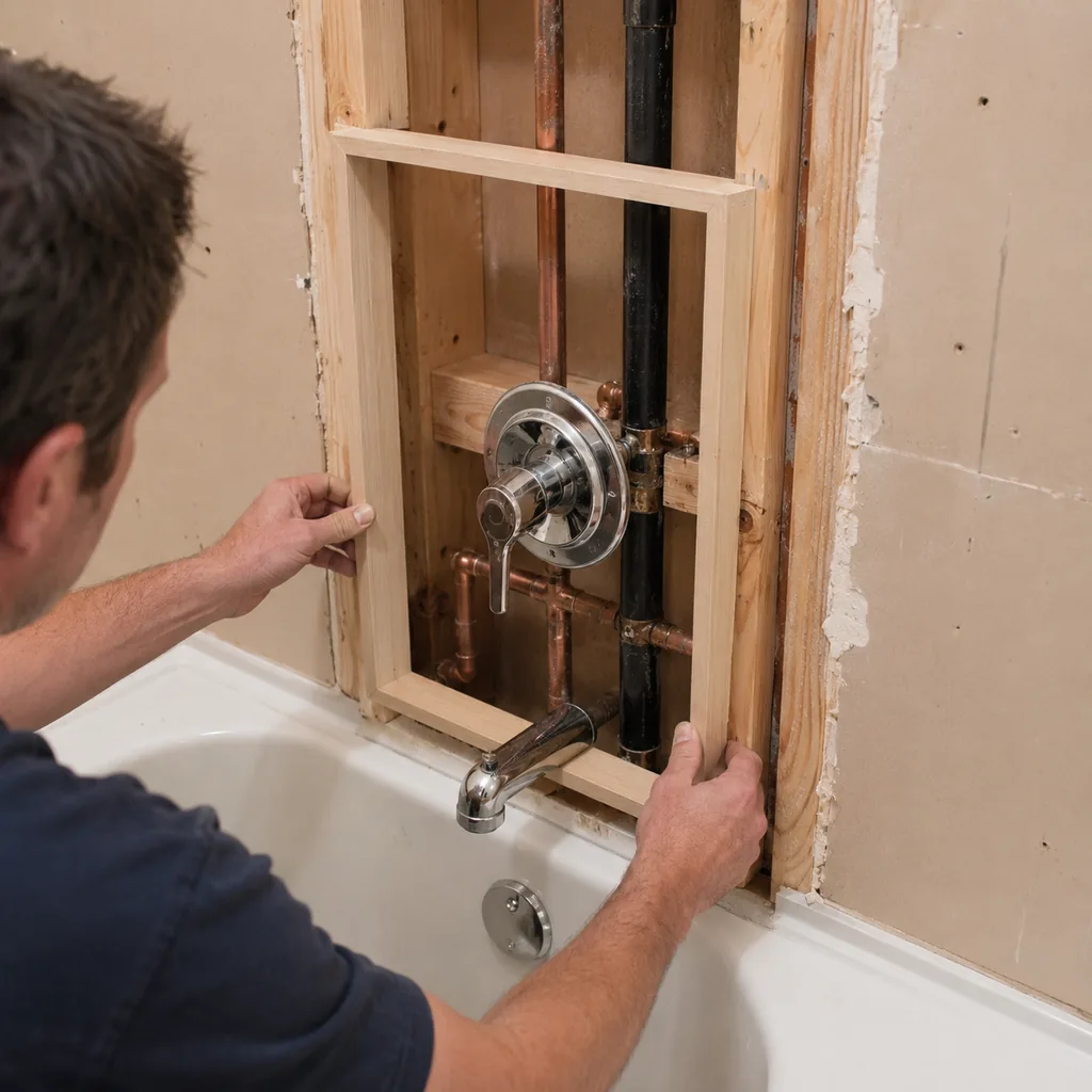 Realistic editorial photo of a bathroom access panel being planned behind a tub valve with open wall framing and plumbing visible