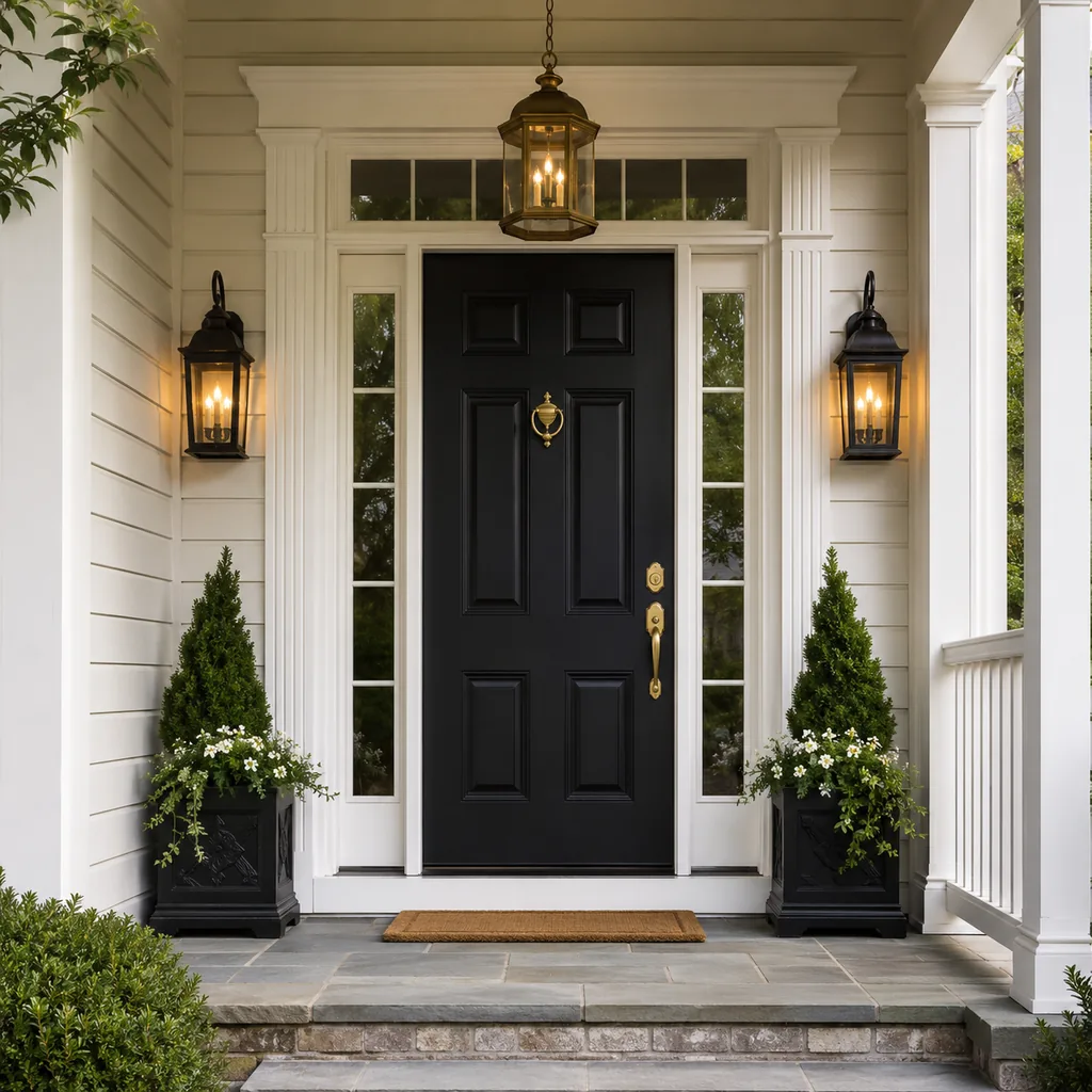 Realistic editorial photo of a black front door on an American home with trim, planters, hardware, and porch details showing layered lighting around the door