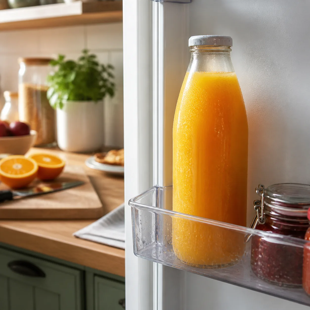 Realistic editorial photo of a bottle of fresh orange juice in a refrigerator door shelf, condensation on bottle, breakf
