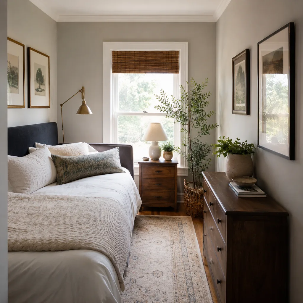 Realistic editorial photo of a compact American bedroom with bed, nightstands, window, dresser, and tight walkways showing art hung at human eye level