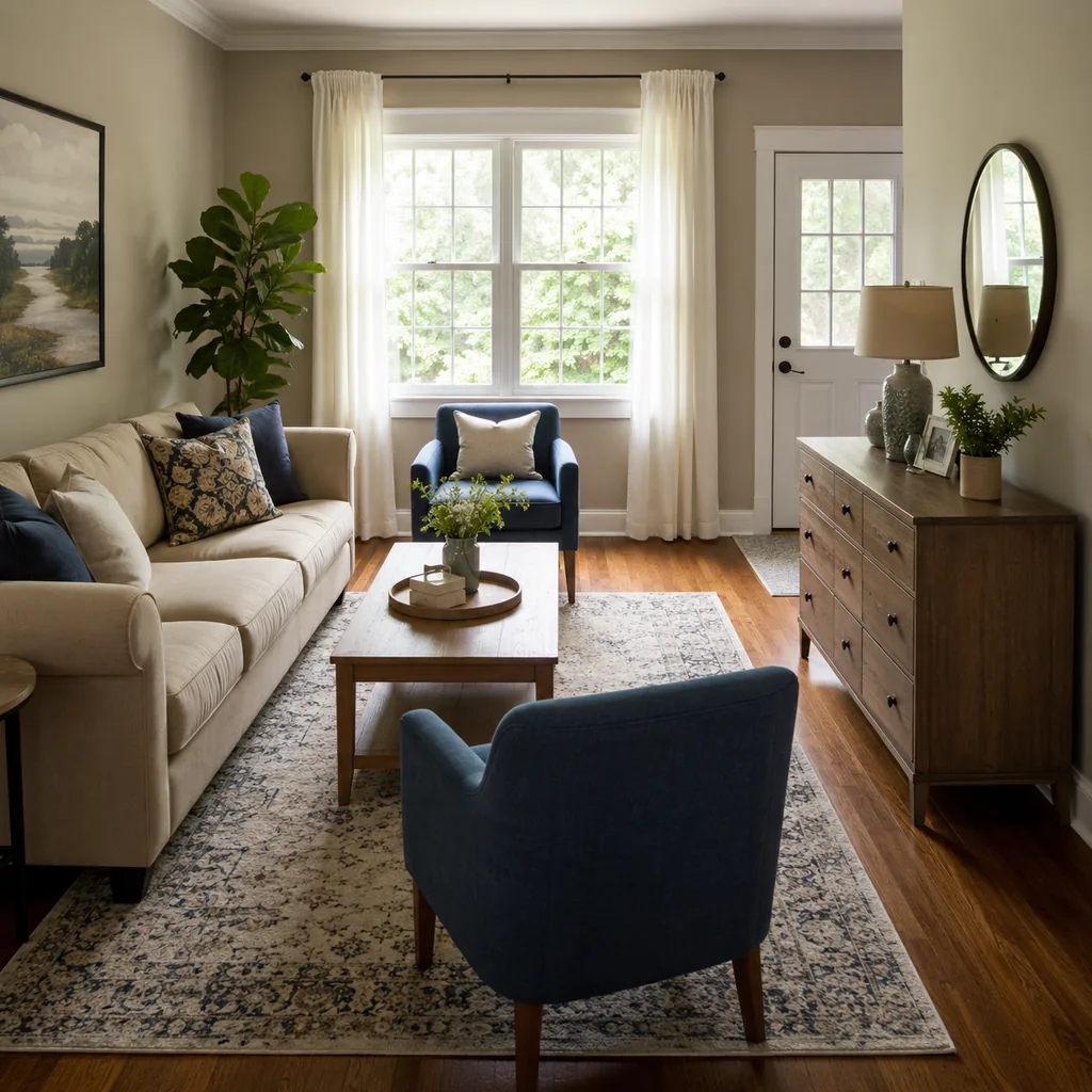 Realistic editorial photo of a compact living room with sofa, chairs, rug, coffee table, and window light showing dresser that does not block the path