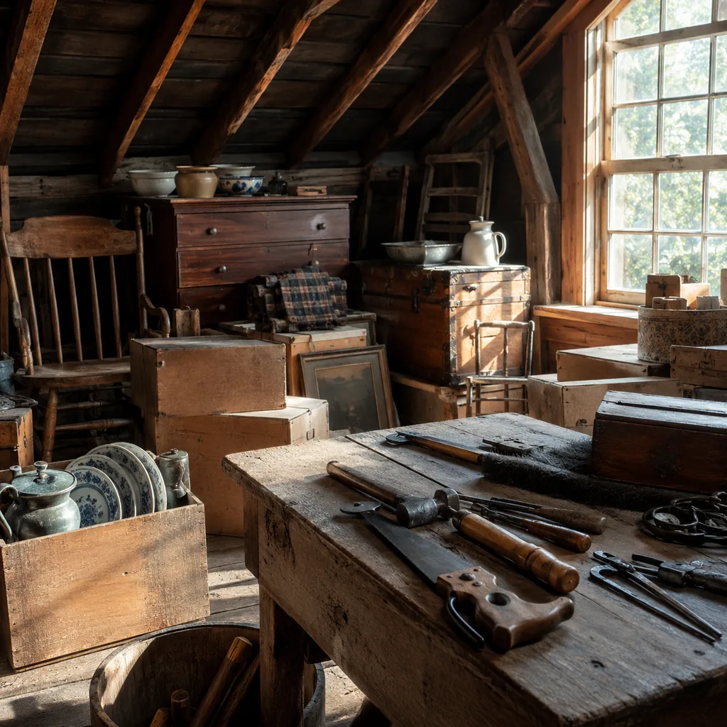 Realistic editorial photo of a dusty attic with boxes, old furniture, vintage kitchenware, and warm window light showing hand tools with wood handles