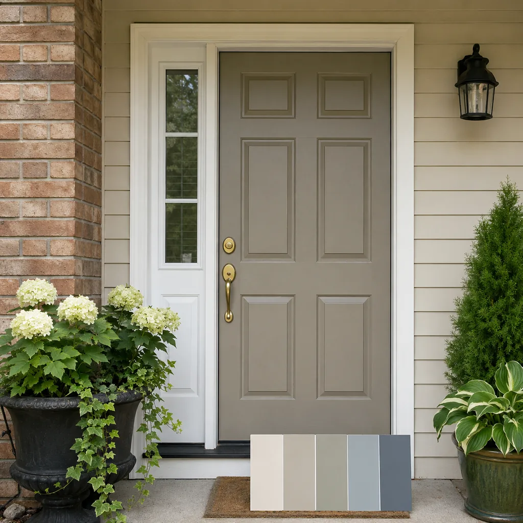 Realistic editorial photo of a front entry with door paint samples, brick, siding, plants, and trim showing safe color that still dates the room