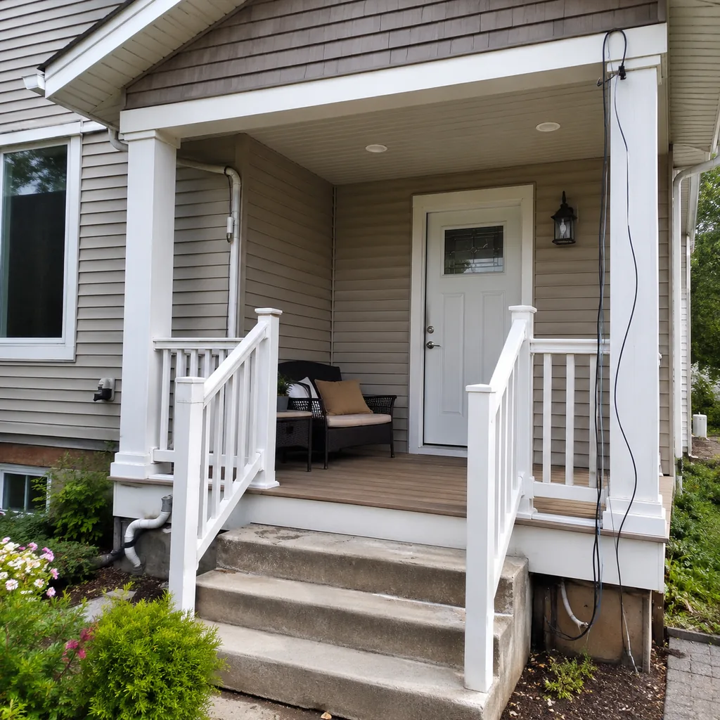 Realistic editorial photo of a front porch prepared for a home showing with steps, door, railings, seating, and curb appeal issues showing visible diy wiring or