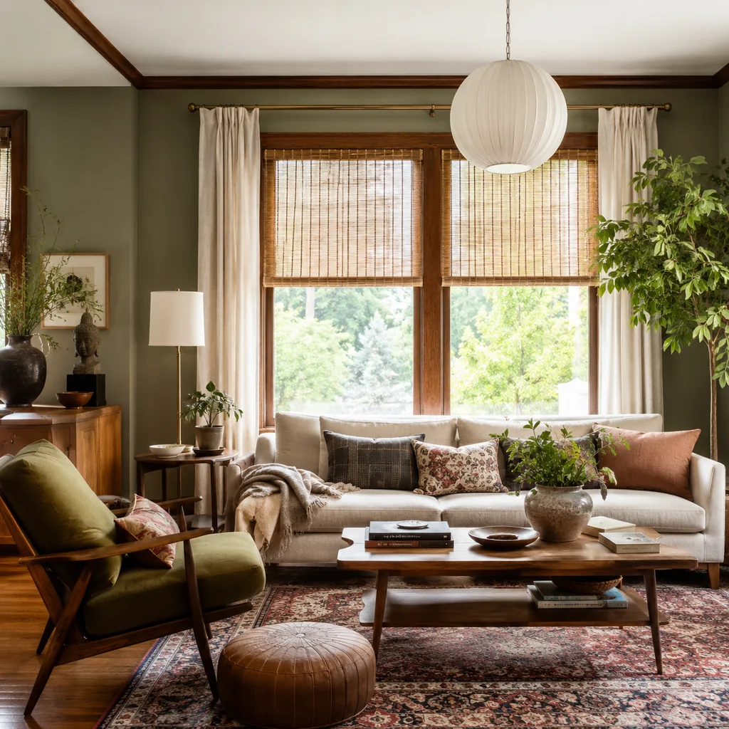 Realistic editorial photo of a home interior with vintage decor, modern furniture, warm wood, patterned accents, and layered lighting showing woven shades paire